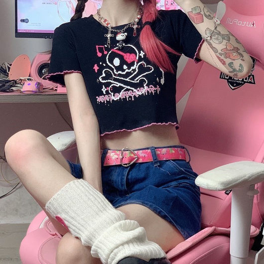 Crop Top Manga Corta Estampado Cartoon Cuello Redondo