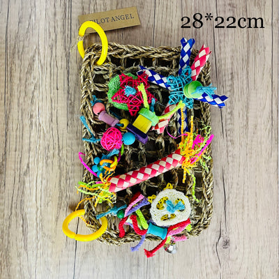 Colorful parrot toy with woven blue, white, and red paper strips, filled with bright crinkly paper, on a wooden background. - Image 5