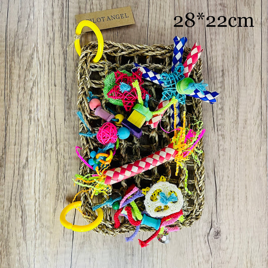Colorful parrot toy with woven blue, white, and red paper strips, filled with bright crinkly paper, on a wooden background. - Image 5