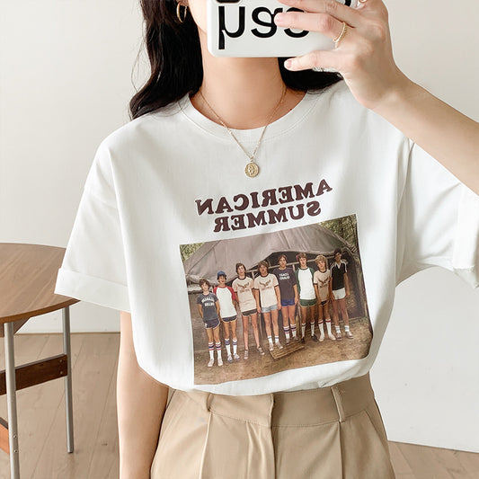 Camiseta Oversized Vintage con Estampado y Manga Corta