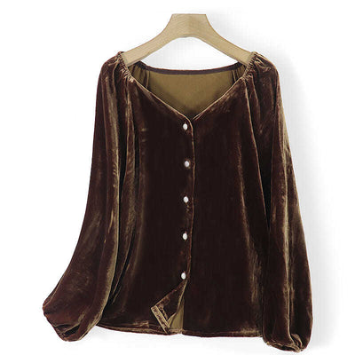 Blusa Elegante de Terciopelo Dorado con Cuello en V y Mangas Largas - Image 16