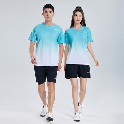 Purple and white gradient short-sleeve t-shirt with 'SPORT' text and black athletic shorts for women. - Image 4