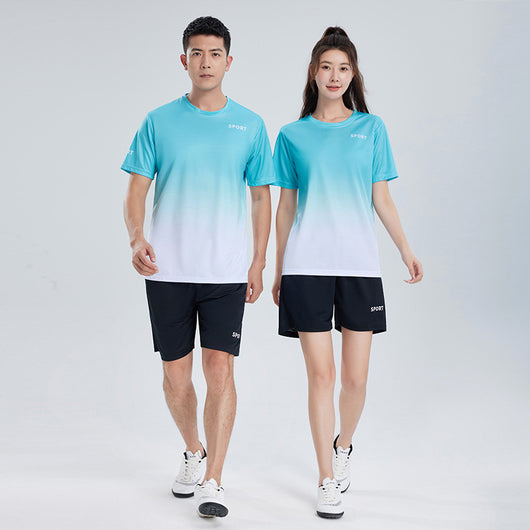 Purple and white gradient short-sleeve t-shirt with 'SPORT' text and black athletic shorts for women. - Image 4