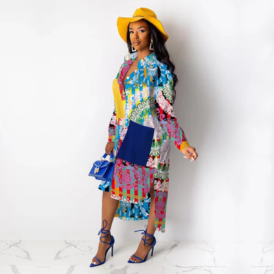 Vestido Camisero Estampado Suelto con Abertura Frontal