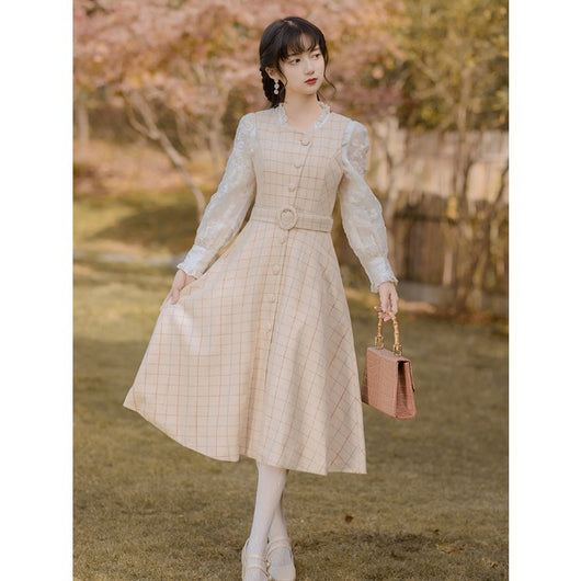Vestido Midi Cuadros Primavera Manga Larga Elegante - Image 3