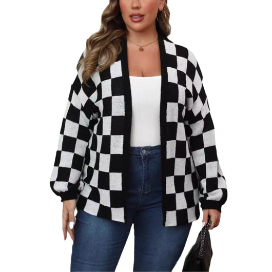 Suéter Cardigan Patchwork Contraste Cuadros Ajedrez Holgado Casual - Image 6