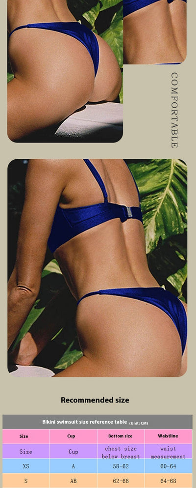 Woman wearing a royal blue two-piece bikini swimsuit with a scoop neck top and high-cut thong bottoms. - Image 9