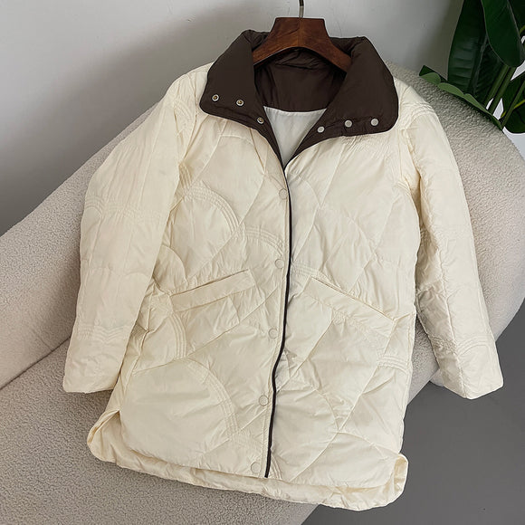 Abrigo Retro de Plumón de Pato Blanco para Mujer - Corte Holgado con Cuello Mao