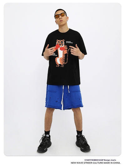 Camiseta Suelta Estampado Anime Tigre Manga Corta Unisex - Image 15
