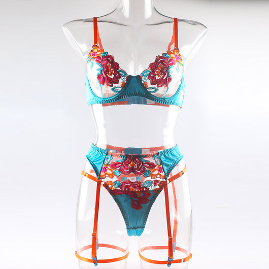 Conjunto de Lencería Floral Bordado con Aro de Acero - 4 Piezas Coordinadas - Image 7