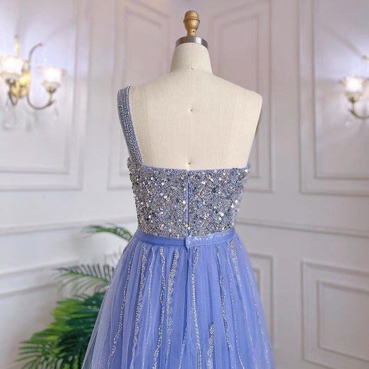 Vestido Fishtail Azul con Hombros Descubiertos y Cuentas Artesanales - Image 39