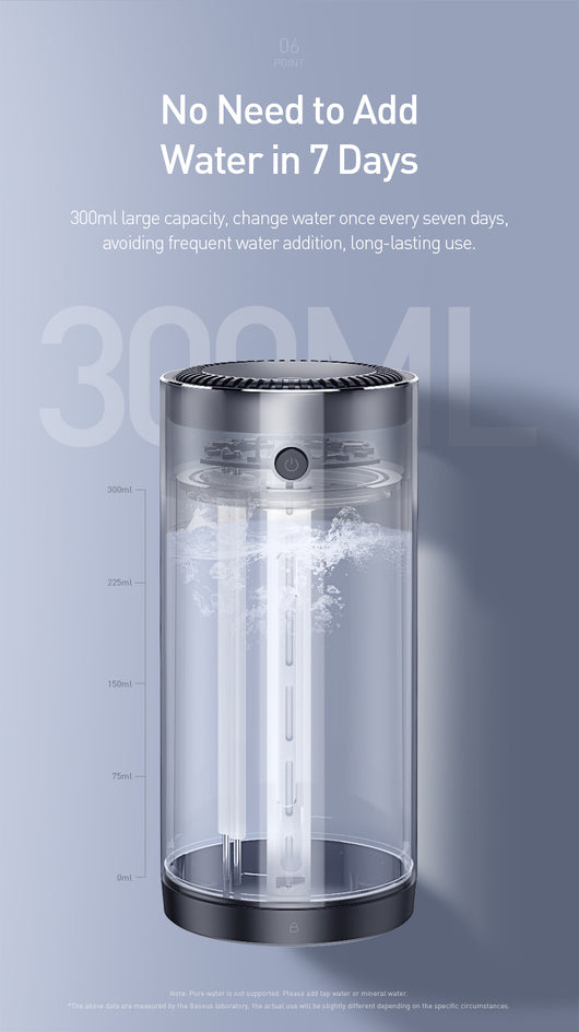 Dark gray cylindrical vehicle-mounted humidifier with a power button, mist outlet, and water level indicator. - Image 12