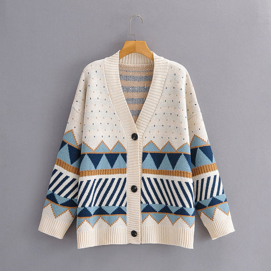 Cardigan Suelto Jacquard Diamond Block - Abrigo Tejido