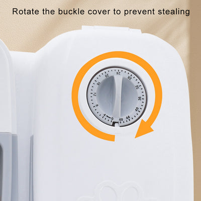 White automatic pet feeder with a pink timer dial and an embossed paw print on the lid. - Image 3
