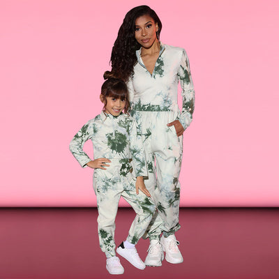 Mother and daughter wearing matching white, green, and blue tie-dye long-sleeved sweater and jogger sets. - Image 10