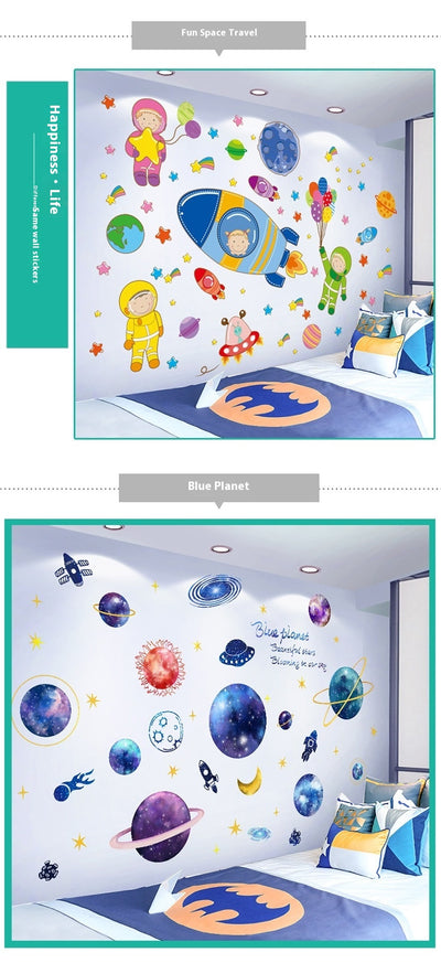 Cartoon astronaut and space station wall stickers with planets, stars, moon, and telescope on a white wall. - Image 19