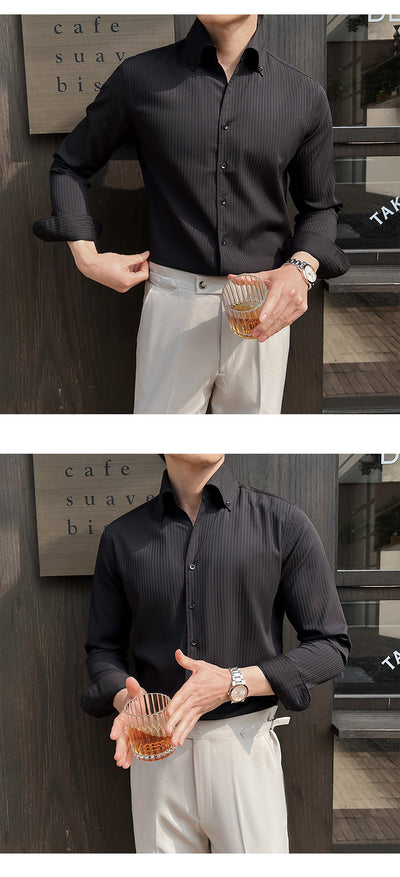 Camisa de Manga Larga con Rayas Oscuras Cuello en V para Hombre - Image 17
