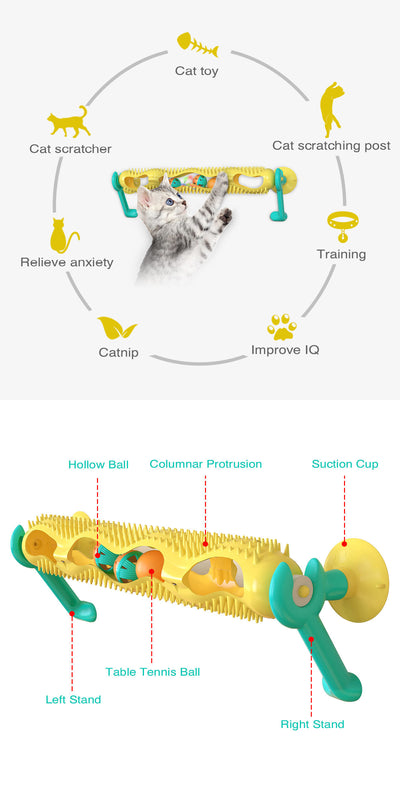 Grey tabby kitten playing with a yellow and teal wall-mounted cat toy featuring a track with rolling balls. - Image 13