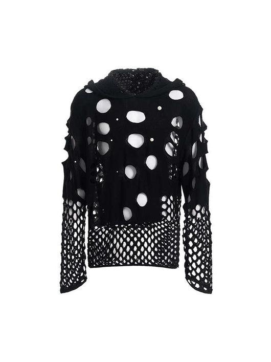 Sudadera con Capucha Hueca para Hombre Primavera Negra con Perlas Decorativas - Image 13