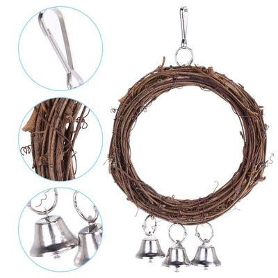Rattan parrot swing with three silver bells, featuring a metal hook for hanging in a bird cage. - Image 7