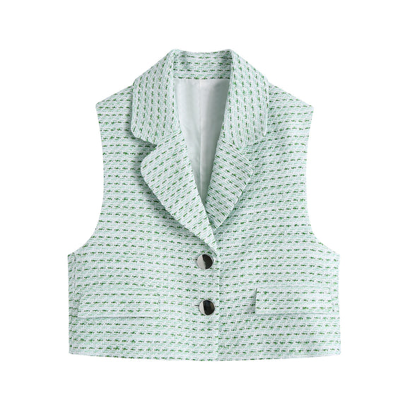 Conjunto de 3 Piezas: Blazer Cuadrille, Tank Top Abotonado y Falda Plisada Mini