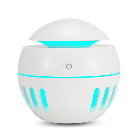 White portable home office humidifier with a spherical base, dome top, and glowing blue LED light accents. - Image 9