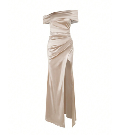 Vestido de Satén Largo Elegante con Hombros Descubiertos y Abertura - Image 6