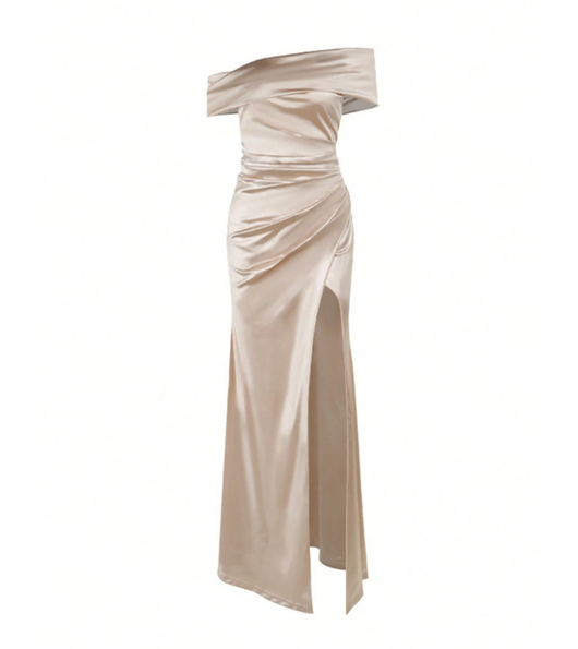 Vestido de Satén Largo Elegante con Hombros Descubiertos y Abertura - Image 6