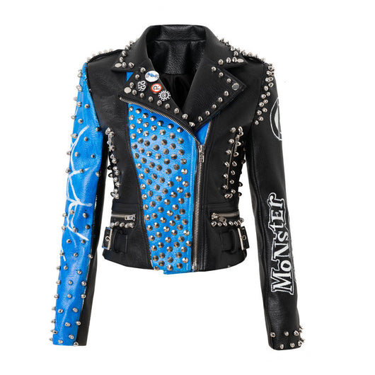 Chaqueta de Cuero Motociclista Talla Grande Ajuste Slim con Remaches y Letras
