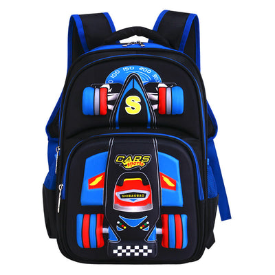 Black and blue boys' primary school backpack with a 3D race car design and padded shoulder straps.