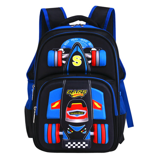 Black and blue boys' primary school backpack with a 3D race car design and padded shoulder straps.