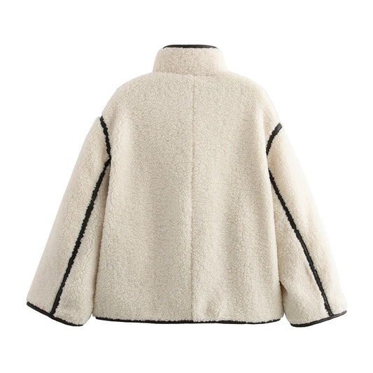 Abrigo Mujer Cuello Alto Contraste Botones Suelto y Cálido Invierno - Image 2