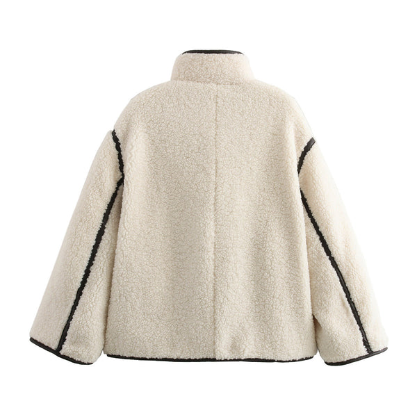 Abrigo Mujer Cuello Alto Contraste Botones Suelto y Cálido Invierno