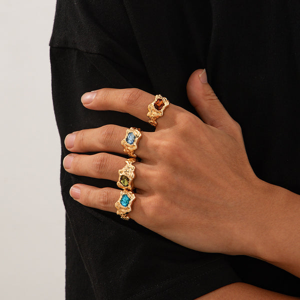 Anillo de Hombre Plisado en Metal Lava con Gema - Estilo Europeo y Americano