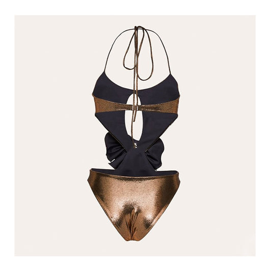 Metallic bronze one-piece swimsuit with a one-shoulder design, large decorative flower, and side cut-out revealing a black panel. - Image 9