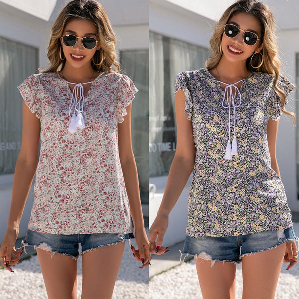 Blusa Floral Escote V con Mangas Loto