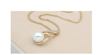 Gold-tone necklace and matching earrings set with white faux pearls and clear rhinestones, ideal for bridal or dinner wear. - Image 10