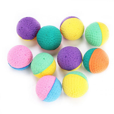 10-pack of colorful latex foam balls for cats, featuring solid and two-tone designs in purple, teal, yellow, pink, blue, and orange. - Image 8