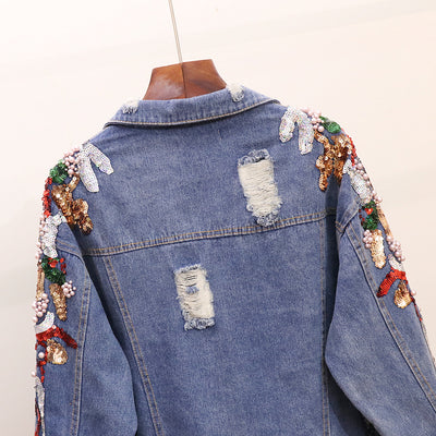 Chaqueta Denim Oversized con Bordados y Lentejuelas Reductora para Mujer - Image 11