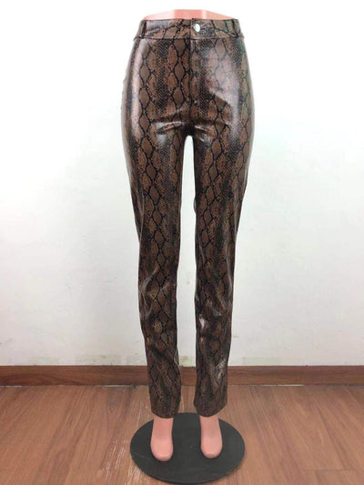Pantalones de Cuero Estampado Serpiente con Pierna Ancha y Stretch para Mujer - Image 13