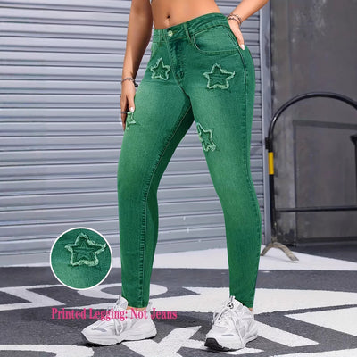 Pantalones Leggings Estilo Denim con Estrellas para Mujer - Corte Acampanado - Image 4