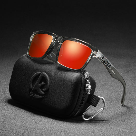 Men's and women's dazzling blue and black striped polarized sunglasses with gray lenses and a black case. - Image 51