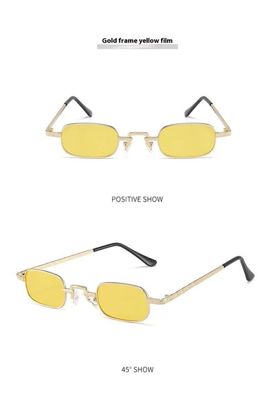 Trendy rectangular sunglasses with gold metal frames and brown lenses, shown from front and a 45-degree angle. - Image 19