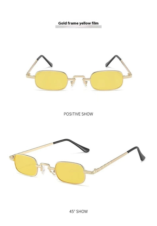 Trendy rectangular sunglasses with gold metal frames and brown lenses, shown from front and a 45-degree angle. - Image 19