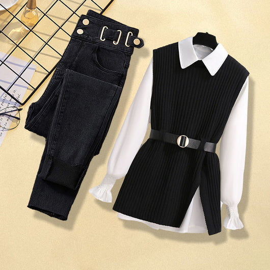 Conjunto de 3 Piezas: Chaleco Tejido, Camisa y Jeans para Mujer - Image 14