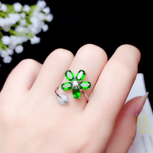 Anillo de Plata con Diopside Natural, Diseño Floral Ajustable para Mujer - Image 3
