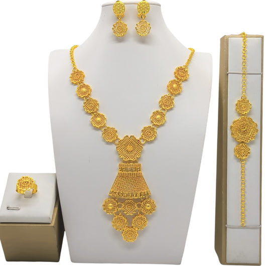 24k gold-plated jewelry set with bell-shaped, textured necklace, bracelet, dangle earrings, and ring on white displays. - Image 5