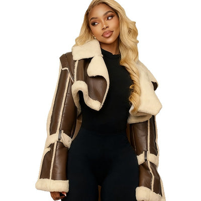 Chaqueta Corta de Cuero con Detalles de Piel para Mujer - Image 5