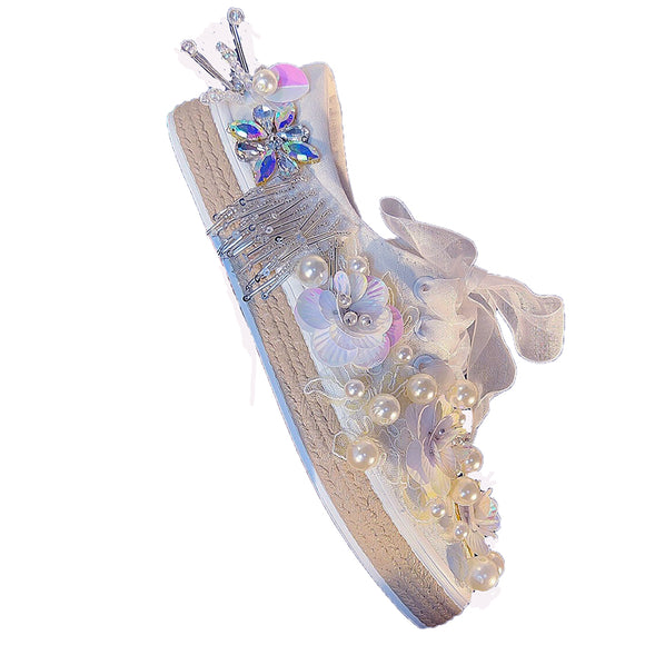 Zapatos Casuales de Lona para Mujer con Perlas y Strass Primavera