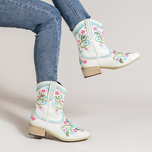 Botas Vaqueras Medianas Bordadas con Flores Étnicas Estilo Europeo Americano